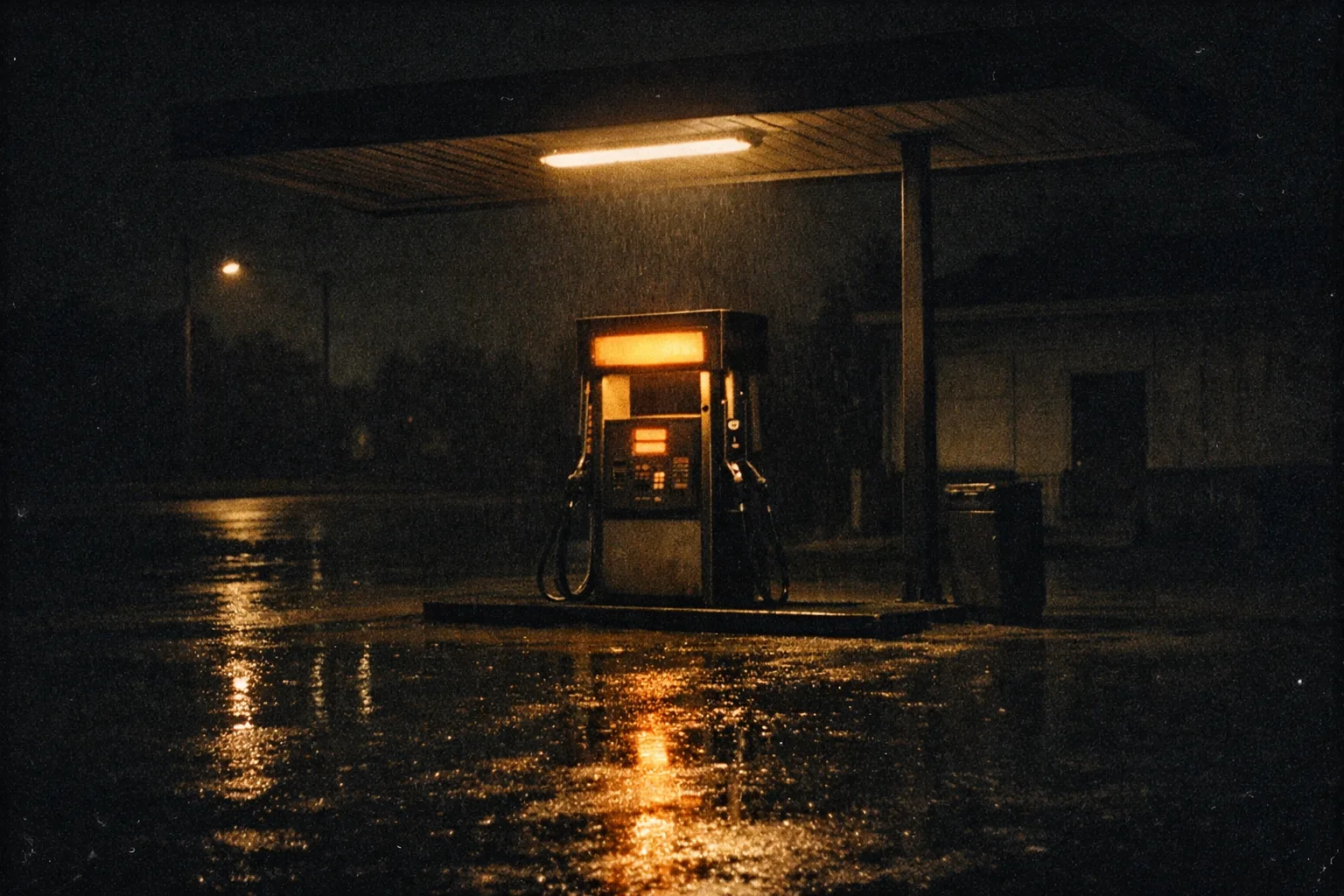 Leere Tankstelle bei Nacht im Regen, eine Zapfsäule mit bernsteinfarben leuchtender Anzeige spiegelt sich auf dem nassen Asphalt.